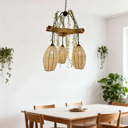 Natural Handmade Rattan 3-Light Hanging Chandelier Woven Pendant Lamp for Restaurant Cafe Hotel bar Kitchen Dining