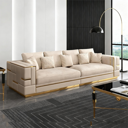 Luxury Upholstered Reclining Boucle Sofa Set Fabric Sponge Modern Sectional Stainless Steel Frame Pillow Back Villa Living Room