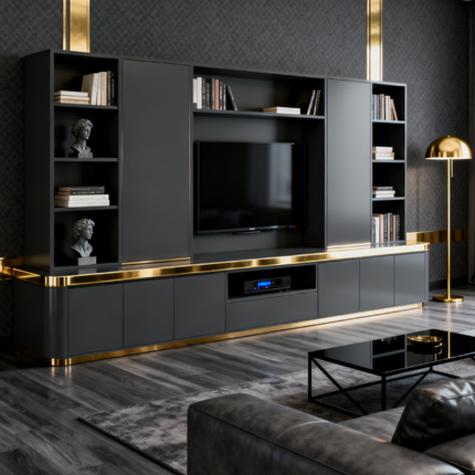 Futuristic Matte PET Integrated TV Cabinet with LED Lighting for Ultra-Modern Living Room Renovation Projects
