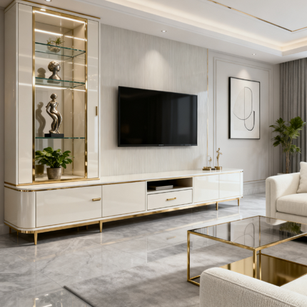 Futuristic Matte PET Integrated TV Cabinet with LED Lighting for Ultra-Modern Living Room Renovation Projects