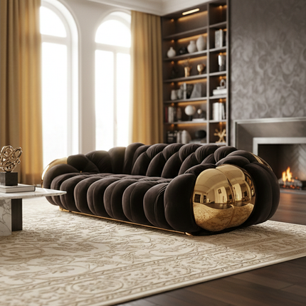 Italian Sofa Luxury Designer Couch Sofa Round Shape Gold Accent Tufted Seating Statement Home Decor Modern Apartment Villa Hotel