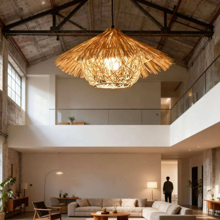 Rattan Pendant Light Living Room Industrial Handwoven Wicker Chandelier Natural Texture Indoor Hanging Lighting for Hotel Cafe