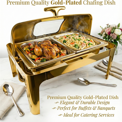 Luxury Gold Plated High-End Stainless Steel Roll Chafing Dish Visible Glass Food Warmer Buffet Set