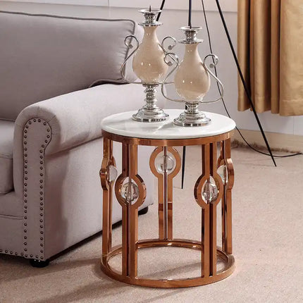 Luxury Living Room Stainless Steel Electroplated Side Table Round Table Corner End Table with Marble Top Gold Stainless Steel Side Tables