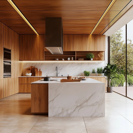 French Modern Kitchen with Island Glossy Metal Laminate Cabinets for Outdoor Use Durable Melamine MDF Construction