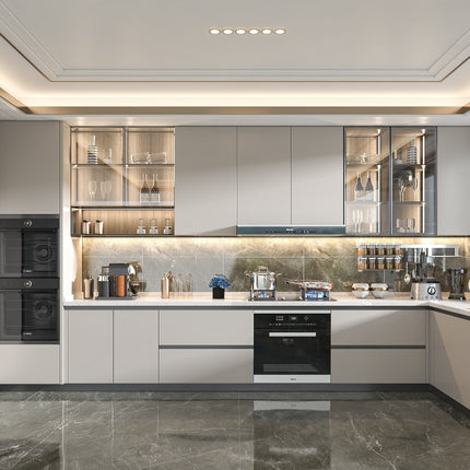 Modern Design Modular Kitchen Cabinets Set with Artificial Marble Countertop Resin Components Drawer Baskets-Complete