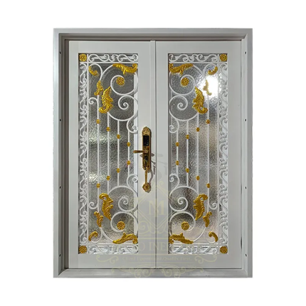 Decorative metal door with gold accents on a white background