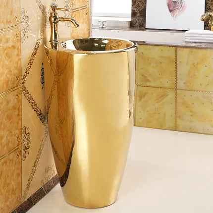 Europäisches Kunstbecken mit goldener Säule, rundes Waschbecken
