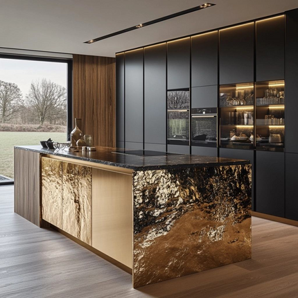 French Modern Kitchen with Island Glossy Metal Laminate Cabinets for Outdoor Use Durable Melamine MDF Construction