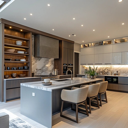 French Modern Kitchen with Island Glossy Metal Laminate Cabinets for Outdoor Use Durable Melamine MDF Construction