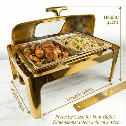 Luxury Gold Plated High-End Stainless Steel Roll Chafing Dish Visible Glass Food Warmer Buffet Set