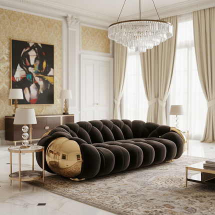Italian Sofa Luxury Designer Couch Sofa Round Shape Gold Accent Tufted Seating Statement Home Decor Modern Apartment Villa Hotel