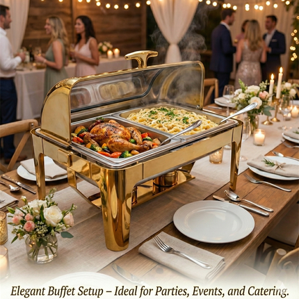 Luxury Gold Plated High-End Stainless Steel Roll Chafing Dish Visible Glass Food Warmer Buffet Set