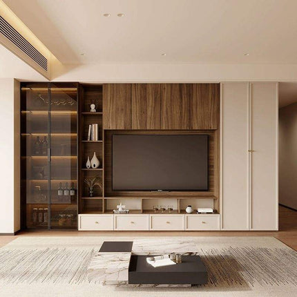 Solid Wood TV Stand Full Wall Background Storage Integrated Cabinet Glass Table for Living Room Viewing