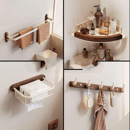Modern Luxury Solid Walnut Wood No-Drill Bath Towel Rack Wall Mounted Bathroom Storage Shelf