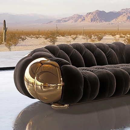 Italian Sofa Luxury Designer Couch Sofa Round Shape Gold Accent Tufted Seating Statement Home Decor Modern Apartment Villa Hotel