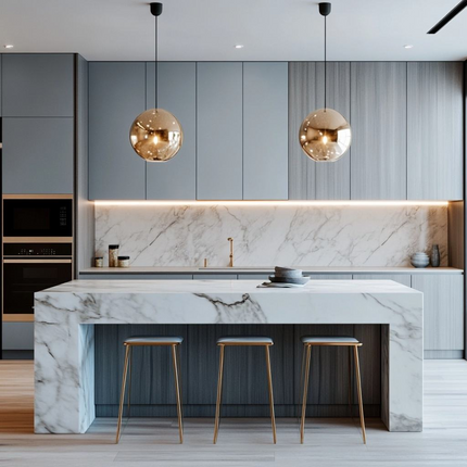 French Modern Kitchen with Island Glossy Metal Laminate Cabinets for Outdoor Use Durable Melamine MDF Construction