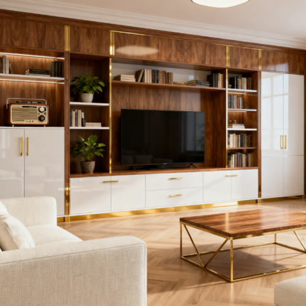 Futuristic Matte PET Integrated TV Cabinet with LED Lighting for Ultra-Modern Living Room Renovation Projects