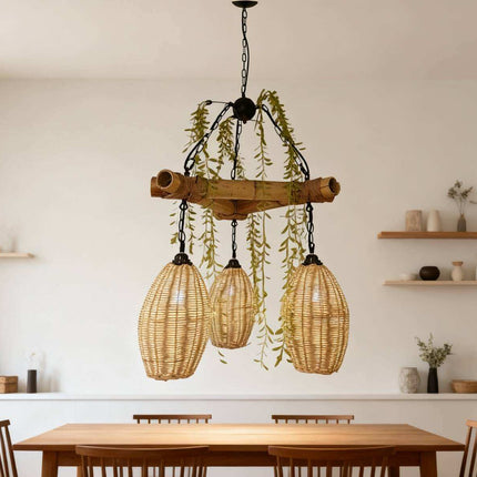 Natural Handmade Rattan 3-Light Hanging Chandelier Woven Pendant Lamp for Restaurant Cafe Hotel bar Kitchen Dining