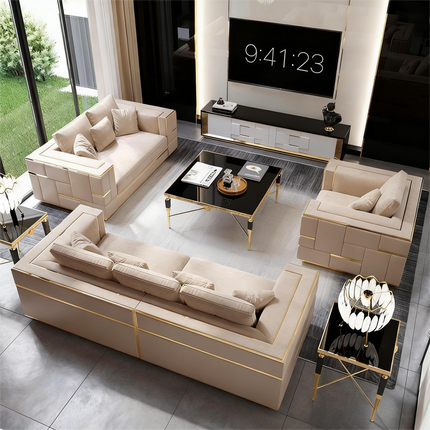 Luxury Upholstered Reclining Boucle Sofa Set Fabric Sponge Modern Sectional Stainless Steel Frame Pillow Back Villa Living Room