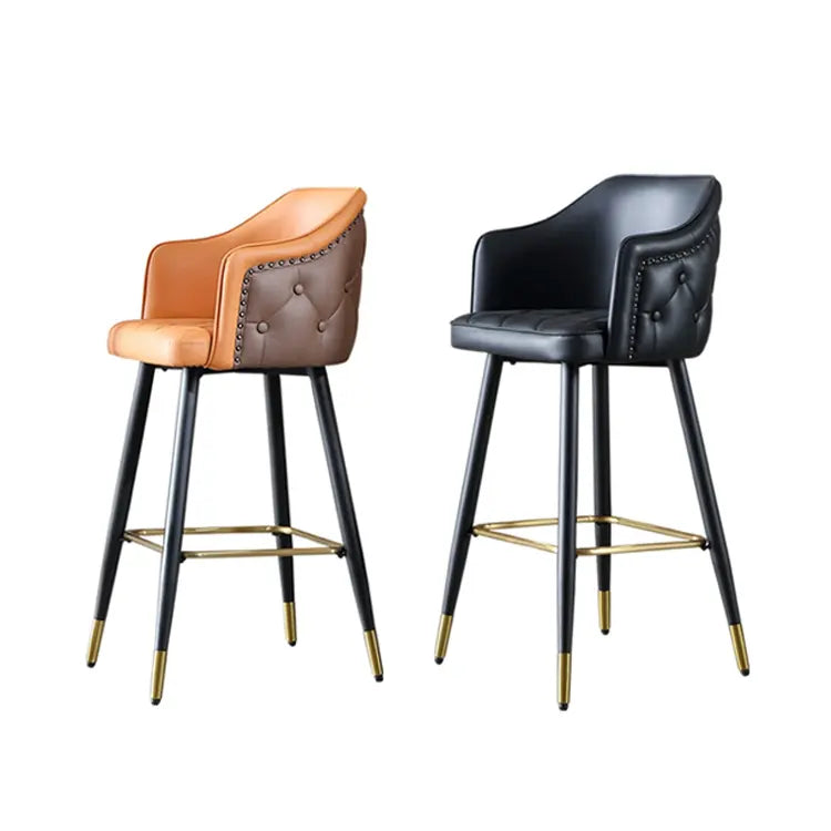 Modern Luxury Tufted Nailed leather Swivel Metal High Chair Bar Stool Chair For Bar Table With Back Rest