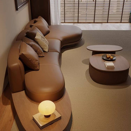 Medieval Style Simple and Elegant Custom Combination Wooden Tray Leather Chaise Longue Shaped Living Room Hotel Sofa