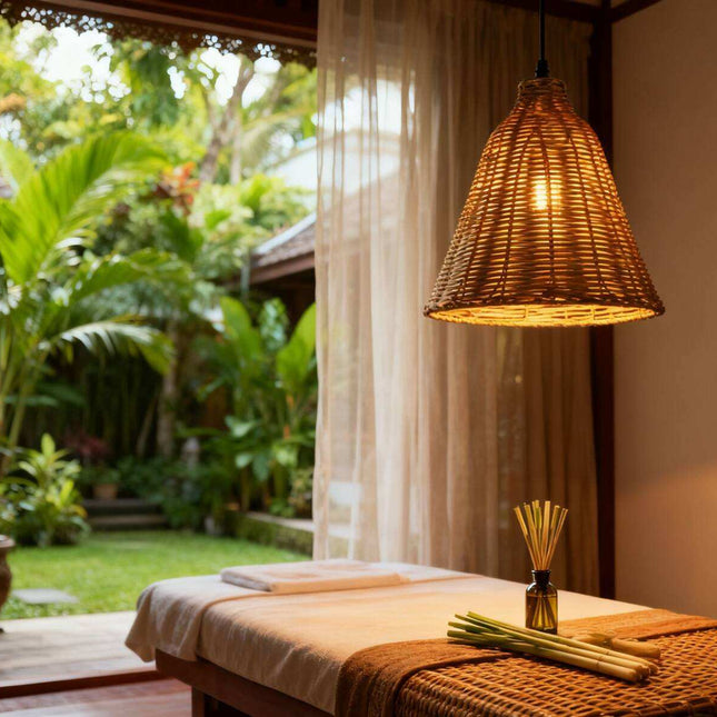 Natural Rattan Woven Pendant Light Handmade Bell Hanging Lamp for Restaurant Cafe Dining Living Room Warm Diffused Lighting