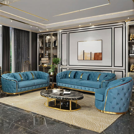 Luxury 2-3 Seater Chesterfield Sofa Gold Stainless Steel Velvet Upholstery Elegant Bed Set Hotel Home Living Room Furniture Hall