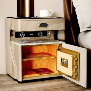 Modern Smart Bedside Table with Fingerprint Lock, Bluetooth Speaker, Wireless Charging and LED Light – Luxury Bedroom Nightstand
