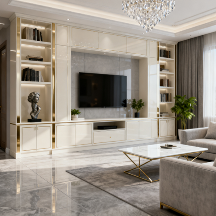Futuristic Matte PET Integrated TV Cabinet with LED Lighting for Ultra-Modern Living Room Renovation Projects