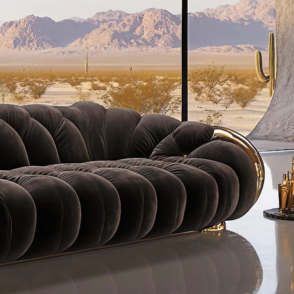 Italian Sofa Luxury Designer Couch Sofa Round Shape Gold Accent Tufted Seating Statement Home Decor Modern Apartment Villa Hotel