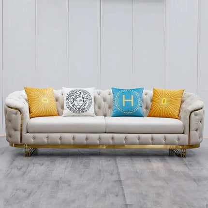 Luxury 2-3 Seater Chesterfield Sofa Gold Stainless Steel Velvet Upholstery Elegant Bed Set Hotel Home Living Room Furniture Hall