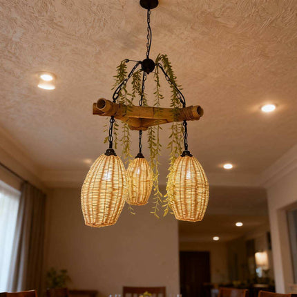 Natural Handmade Rattan 3-Light Hanging Chandelier Woven Pendant Lamp for Restaurant Cafe Hotel bar Kitchen Dining