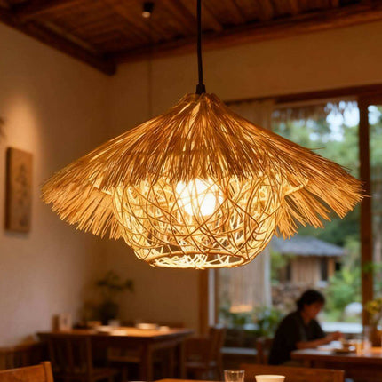 Rattan Pendant Light Living Room Industrial Handwoven Wicker Chandelier Natural Texture Indoor Hanging Lighting for Hotel Cafe