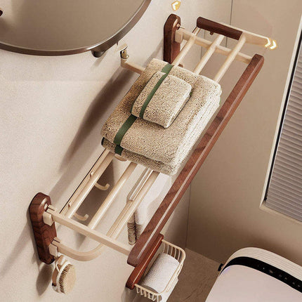 Modern Luxury Solid Walnut Wood No-Drill Bath Towel Rack Wall Mounted Bathroom Storage Shelf