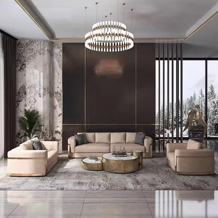 Italian-style Light-luxury Modern Minimalist Genuine Leather Sofa Set Matte Fabric New Style Large Homes Villas Wood Sponge