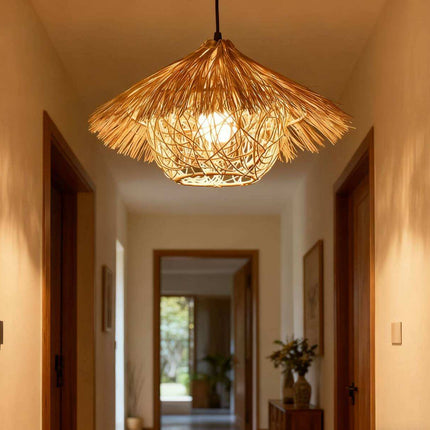 Rattan Pendant Light Living Room Industrial Handwoven Wicker Chandelier Natural Texture Indoor Hanging Lighting for Hotel Cafe