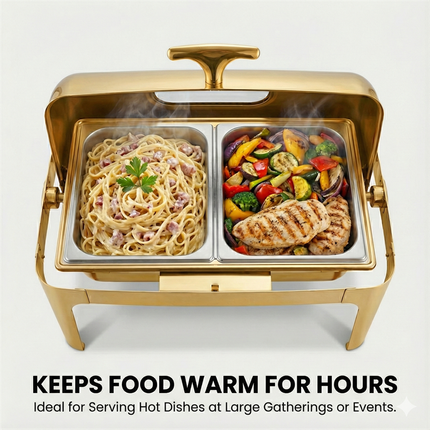 Luxury Gold Plated High-End Stainless Steel Roll Chafing Dish Visible Glass Food Warmer Buffet Set