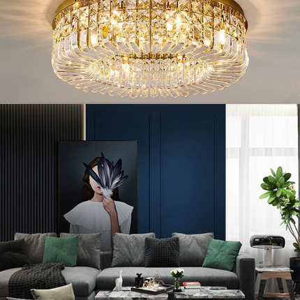 Moderner runder Kronleuchter von Shandeliers mit LED-Kristall in Gold, ideal für Esszimmer und als luxuriöse Pendelleuchte.