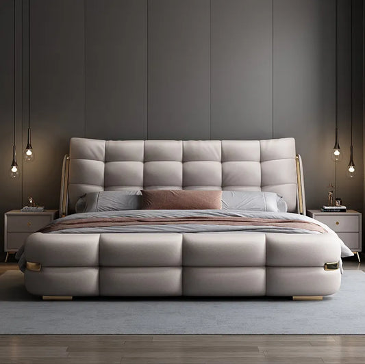 Modern Luxury Real Leather Beds Italian Tufted Headboard King Platform With Storage Bed Frame Bedroom Furniture
