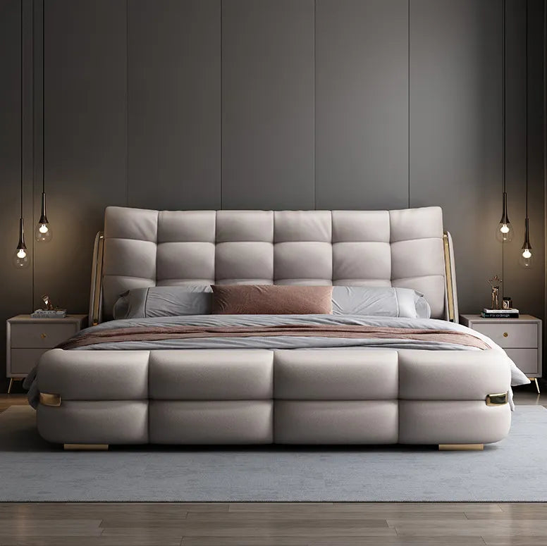 Modern Luxury Real Leather Beds Italian Tufted Headboard King Platform With Storage Bed Frame Bedroom Furniture