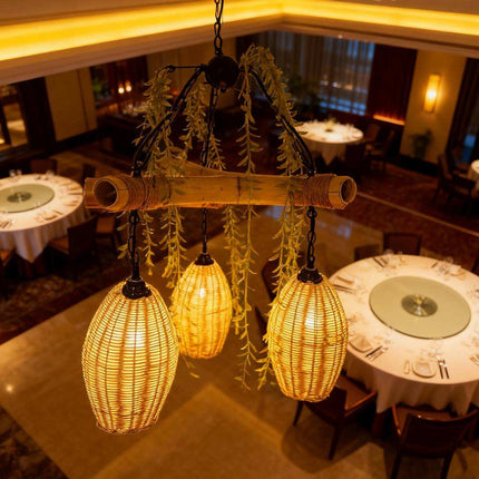 Natural Handmade Rattan 3-Light Hanging Chandelier Woven Pendant Lamp for Restaurant Cafe Hotel bar Kitchen Dining