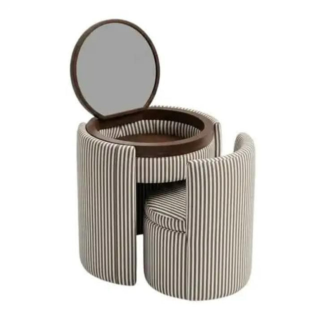 A modern round vanity stool with a striped fabric upholstery in beige and brown, featuring a built-in oval mirror on the backrest and a small storage compartment on the front.