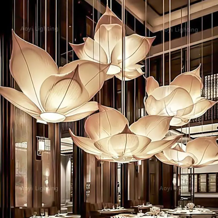 Lotus-shaped pendant lights in a restaurant setting
