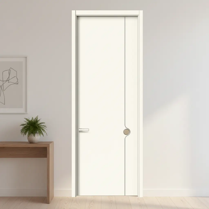 White door with a silver handle in a room with a wooden table and plant.