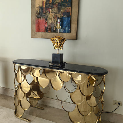 Console Table Crafted with High-Quality Materials Featuring a Lustrous Marble Top and an Intricate Honeycomb Gold Stainless Steel