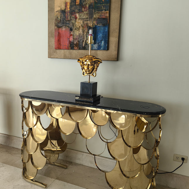Console Table Crafted with High-Quality Materials Featuring a Lustrous Marble Top and an Intricate Honeycomb Gold Stainless Steel