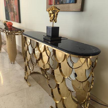 Console Table Crafted with High-Quality Materials Featuring a Lustrous Marble Top and an Intricate Honeycomb Gold Stainless Steel