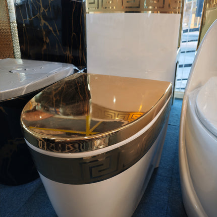 Luxury White and Gold Greek Key Toilet Bowl – Electroplated One-Piece Ceramic WC Modern Bathroom Toilet