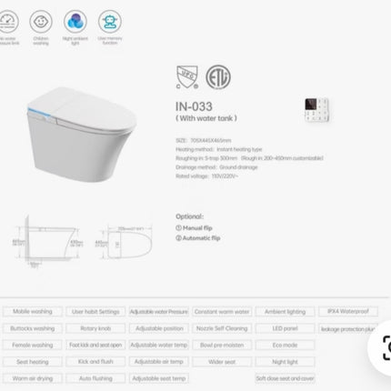 White bidet with features and specifications on a white background